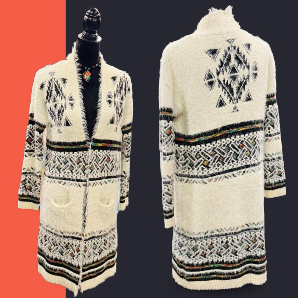 My Michelle Long Fuzzy Cardigan Sweater Coat Aztec Southwestern Boho Women M